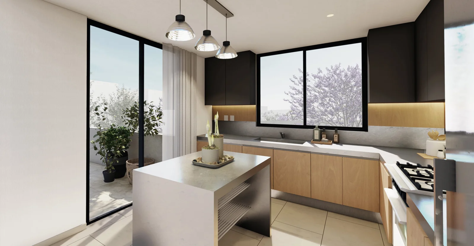 Altos Juriquilla. Sonido ambiente, cocina equipada, área de lavado interior y terraza